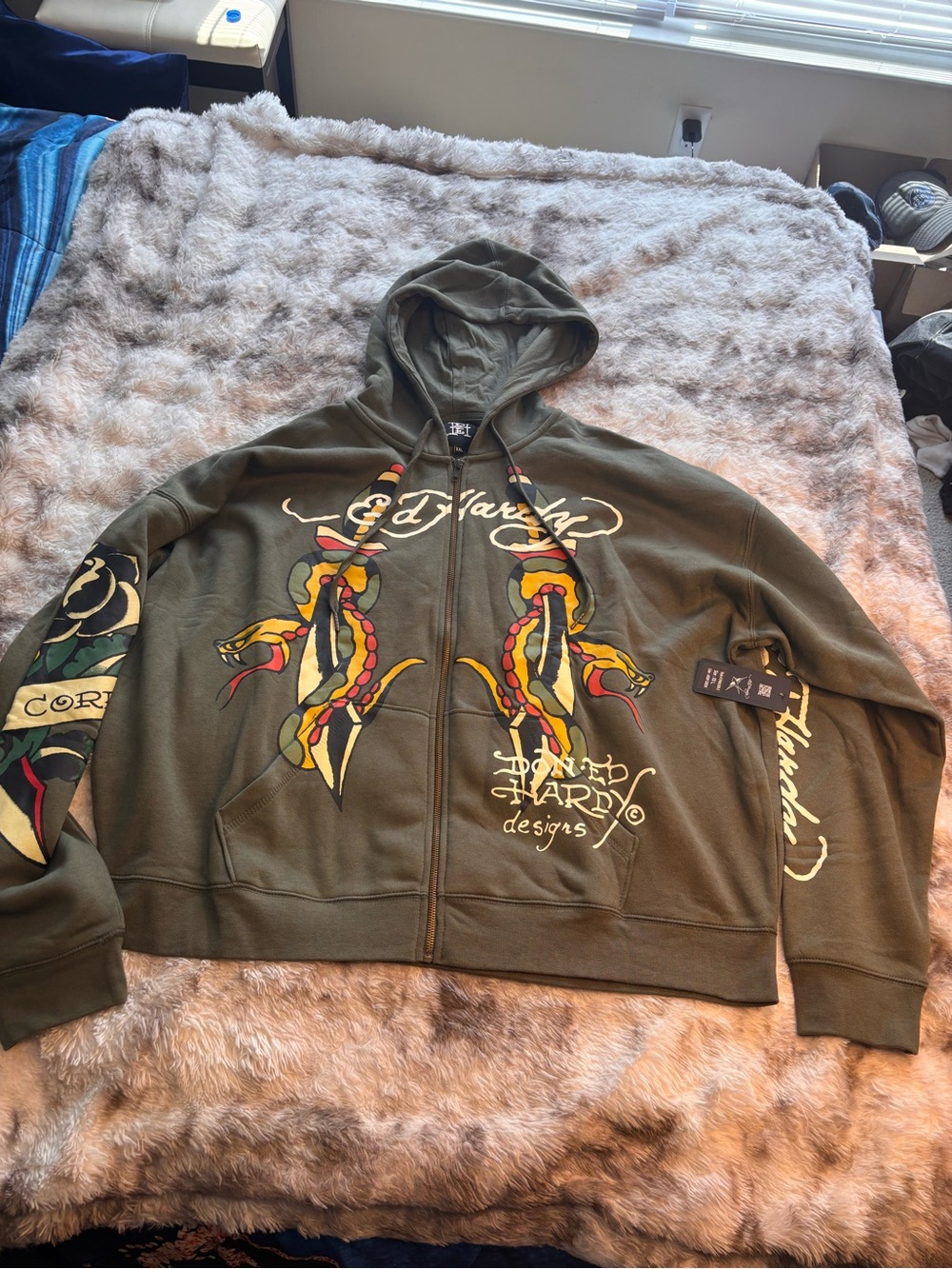 NWT Ed Hardy Olive Green Zip Hoodie with Snake Graphics